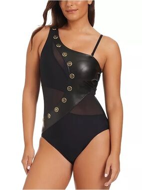 Asymmetric Black One-Piece Swim Suit with Gold Accent
